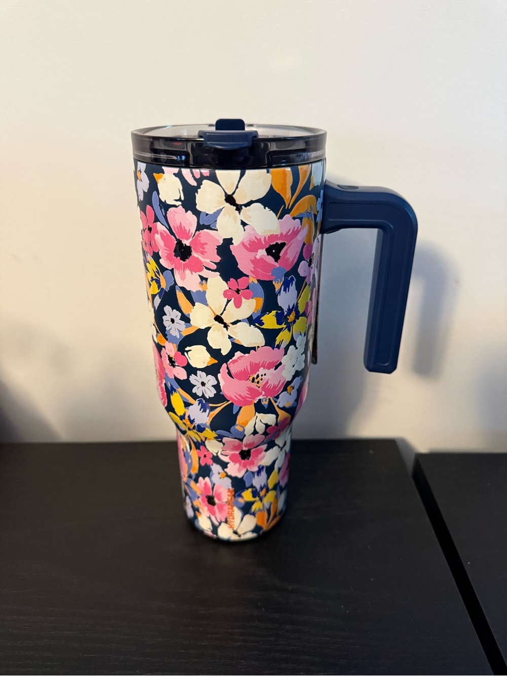 HydraPeak Floral Insulated Travel Mug - Navy with Pink & White Flower BNWT
